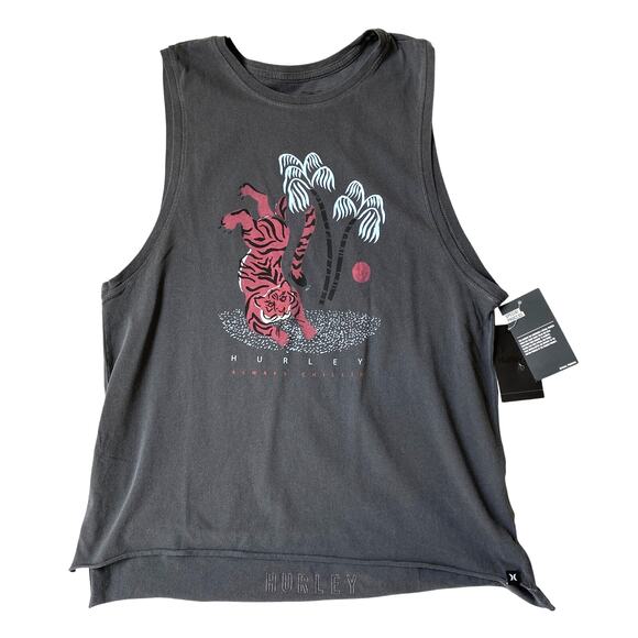 Hurley Tiger Tree Tank Top‎ Women M Gray Biker Cottagecore Raw Hem Beach NWT - Picture 1 of 9
